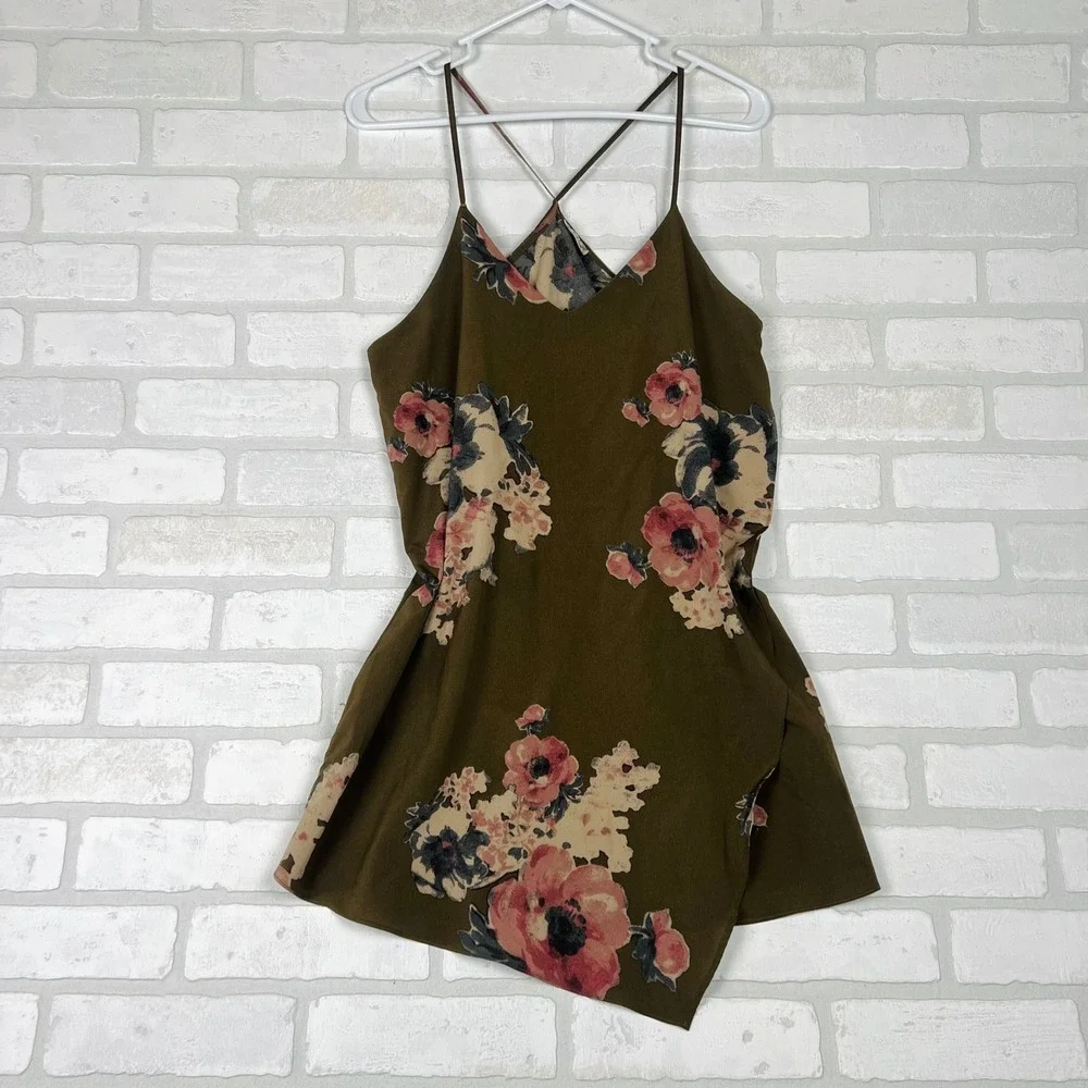 Intimately Free People XS Olive Green Floral Cami Cross Back Spaghetti Strap Top